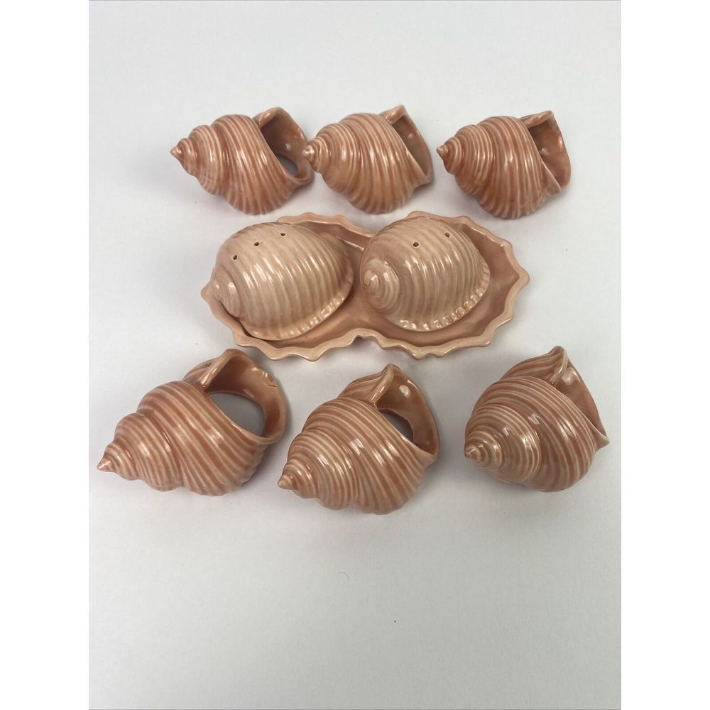 Vintage 1984 Seashells Napkin Rings Set Of 6 Shells & Salt Pepper‎ Shakers